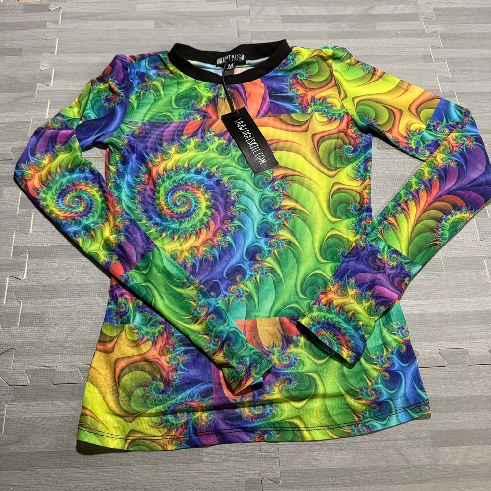 Current Mood Dolls Kill Size M Trippy Fractal Mesh Top Long Sleeve Funky